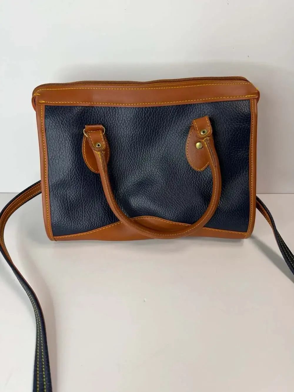 Dooney & Bourke All Weather Leather Satchel Navy Blue Brown Vintage Bag